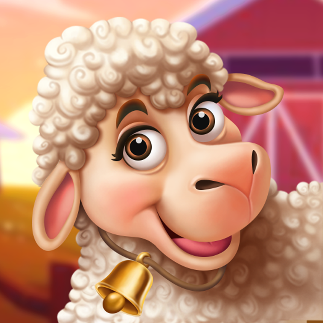 Farm Slot sheep Art with fluffy white fur, big brown eyes, and happy smile. It's wearing a golden bell around its neck.