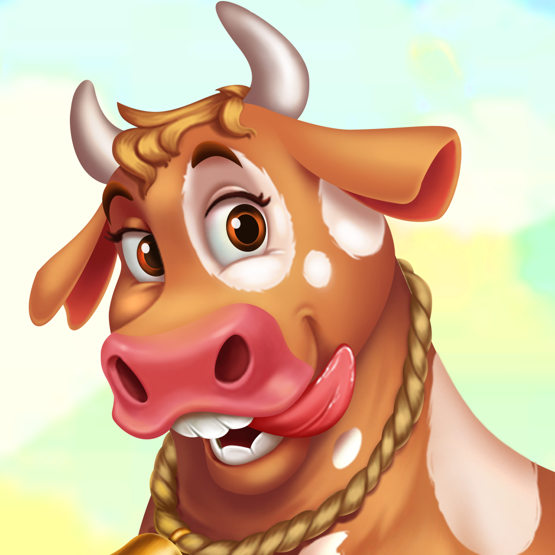 Farm slot cow with brown fur, white spots, and a big, playful smile. It has horns, big brown eyes, and a rope tied around its neck with a bell attached.