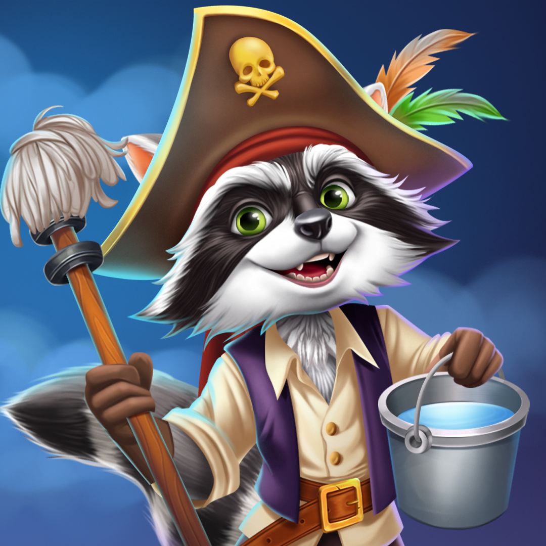 2D cartoon raccoon dressed as a pirate captain, holding a mop and a bucket of water, character of a pirate-themed slot game.