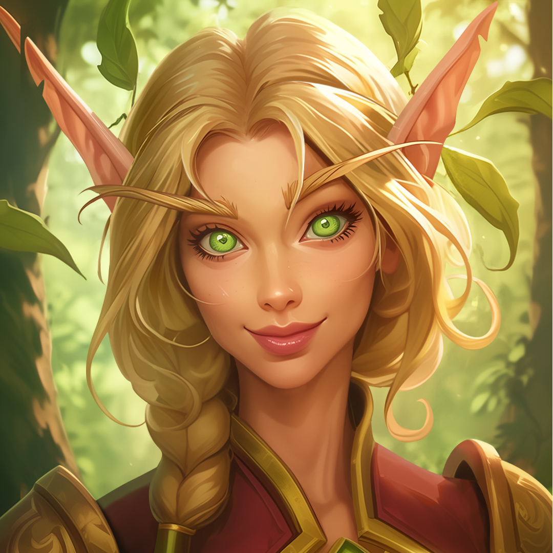 Fantasy slot character with blonde hair styled in a braid, pointed elf-like ears, and vibrant green eyes. She is wearing a detailed maroon and green armor with gold accents.