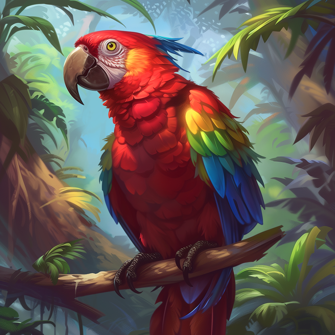 A vibrant 2D slot game character inspired by the Indian spirit theme, this parrot embodies the energy and vibrancy of the jungle.