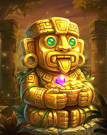 Stylized golden idol statue illustrated in a vibrant fantasy art style, holding glowing gemstones and coins in an ancient jungle temple setting