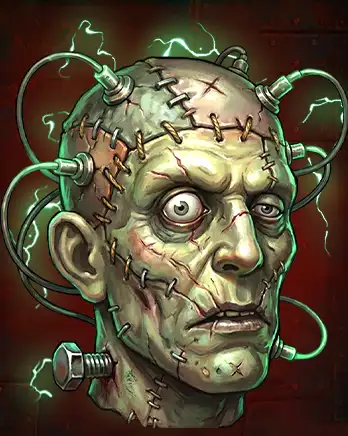 Stylized Frankenstein-inspired head illustrated in horror fantasy art style, featuring stitched skin, metal bolts, and crackling electric wires