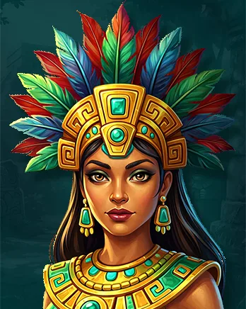 Stylized tribal queen character illustrated in a fantasy art style, wearing an ornate feathered headdress and golden jewelry inspired by ancient civilizations