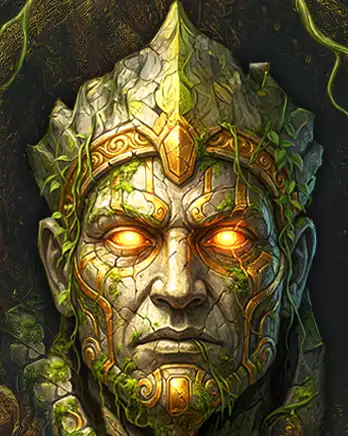 Mythical stone guardian face with glowing eyes, fantasy slot game character art.