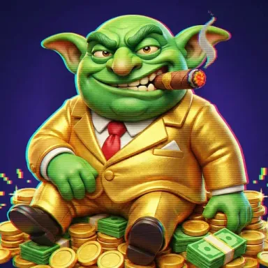 Goblin character in gold suit sitting on coins and cash, illustrated for casino slot game theme.