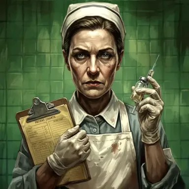 Dark horror nurse character holding syringe and clipboard, designed for thriller-themed slot game art.