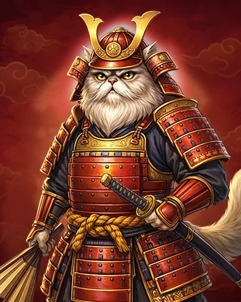 Stylized samurai cat character illustration wearing traditional Japanese armor designed for fantasy and slot games