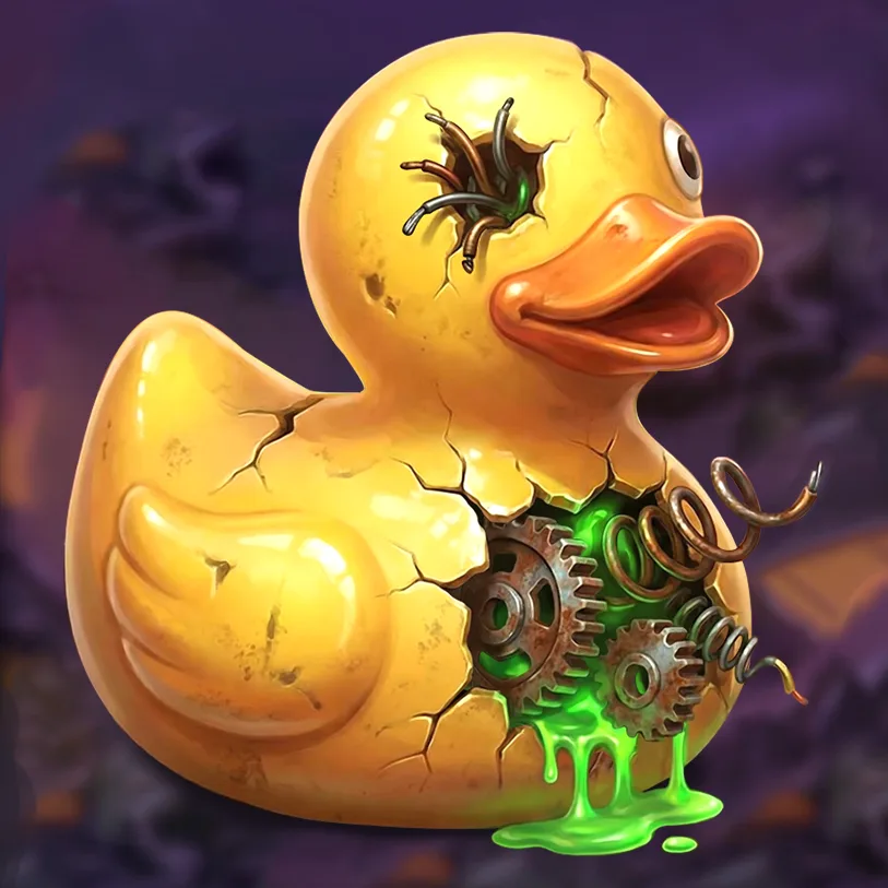 Stylized slot game symbol artwork of a cracked rubber duck with mechanical gears and glowing green fluid.