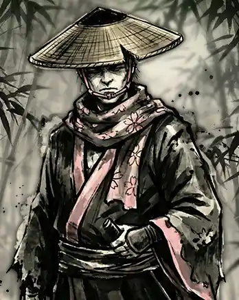 Stylized ronin warrior character in Japanese ink illustration style, wearing a straw hat and layered robes with a rugged, battle-worn appearance