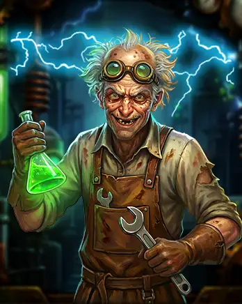 Stylized mad scientist character illustrated in horror fantasy art style, holding a glowing chemical flask inside an electrified laboratory