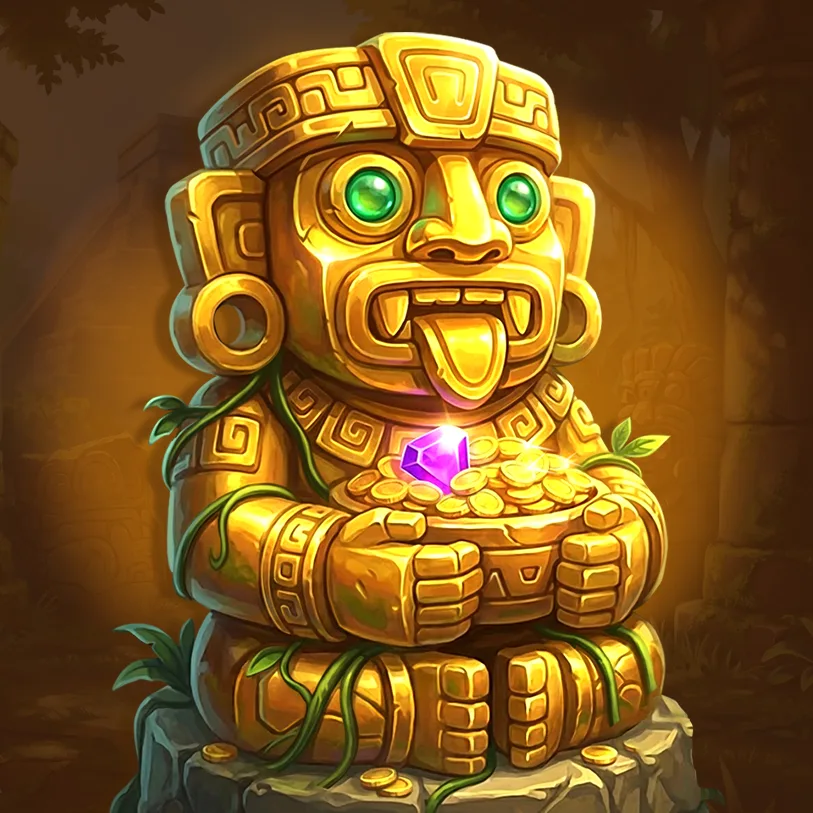 Golden tribal idol holding coins and gem, created as a high-value symbol for slot game design.