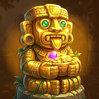 Golden tribal idol holding coins and gem, created as a high-value symbol for slot game design.