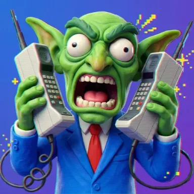 Cartoon goblin character artwork holding vintage phones, designed for a chaotic and humorous slot game theme.
