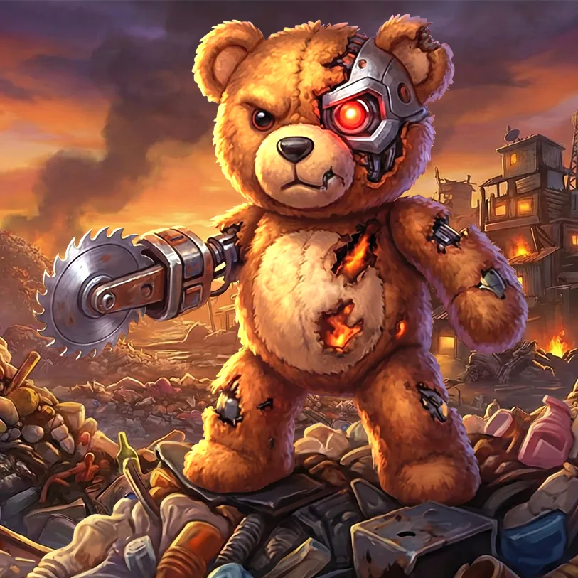 Cyborg teddy bear character with mechanical arm and glowing eye in post-apocalyptic slot theme.