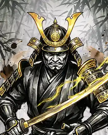 Stylized samurai warrior character illustrated in dramatic ink art style, wearing traditional armor and holding a glowing sword for fantasy game artwork