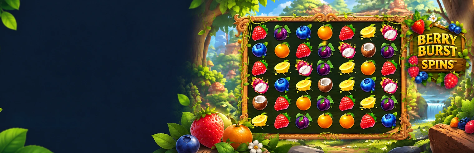 Colorful fruit-themed slot game with vibrant reels and a lush forest background.