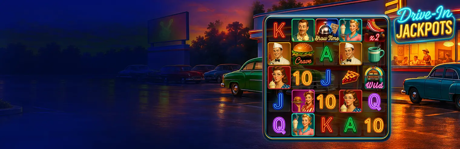 Drive-In Jackpot slot game banner featuring glowing neon lettering in blue and orange on a dark background