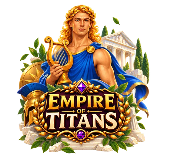 Empire of Titans slot game artwork featuring a powerful golden-haired Greek hero holding a lyre