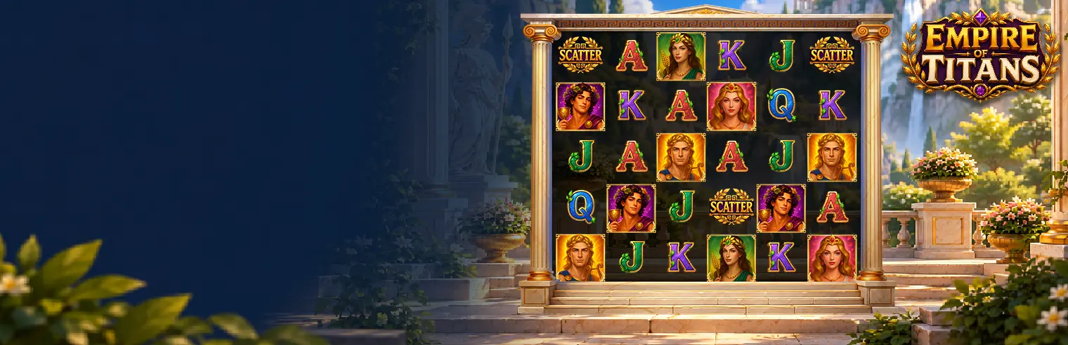 Empire of Titans slot game banner featuring a powerful golden-haired Greek hero holding a lyre