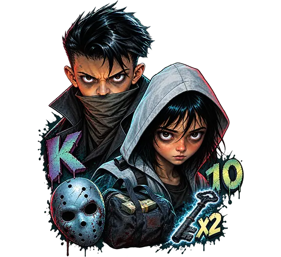 House of Shadows characters with masked man, hooded woman, skull icon, and card symbols K, 10, x2.