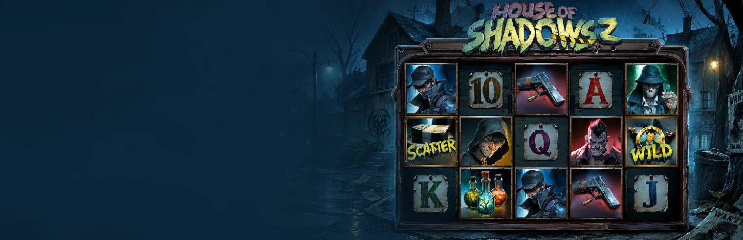 House of Shadows 2 dark-themed slot game with supernatural characters, Wild and Scatter symbols on the reels