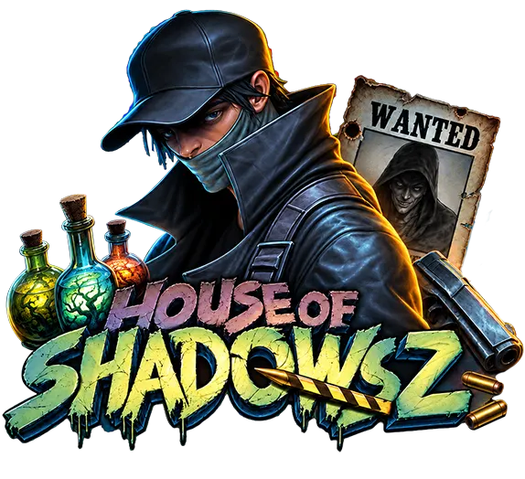 House of Shadows 2 character artwork featuring a masked figure with potions, a wanted poster, and the game logo