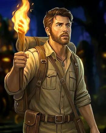 Adventure explorer character holding a torch, realistic adventure art for slot and game design.