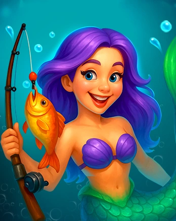 Fantasy mermaid character fishing underwater, colorful casual slot game artwork.