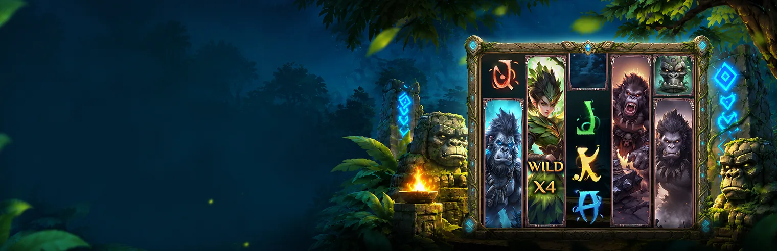 Mystic Jungle slot game banner showing a tropical jungle environment with ancient stone statues, glowing symbols, and a set of reels featuring mystical jungle characters and animal symbols.