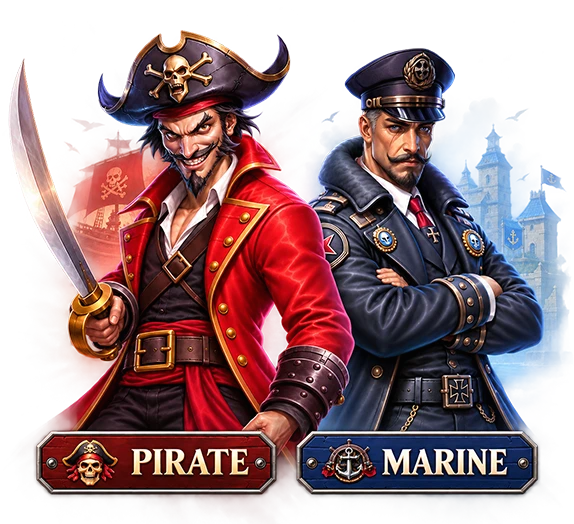 Pirates vs Marines slot game artwork featuring a fierce pirate captain in a red coat and hat