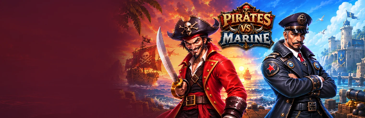 Pirates vs Marines slot game banner featuring a fierce pirate captain in a red coat and hat