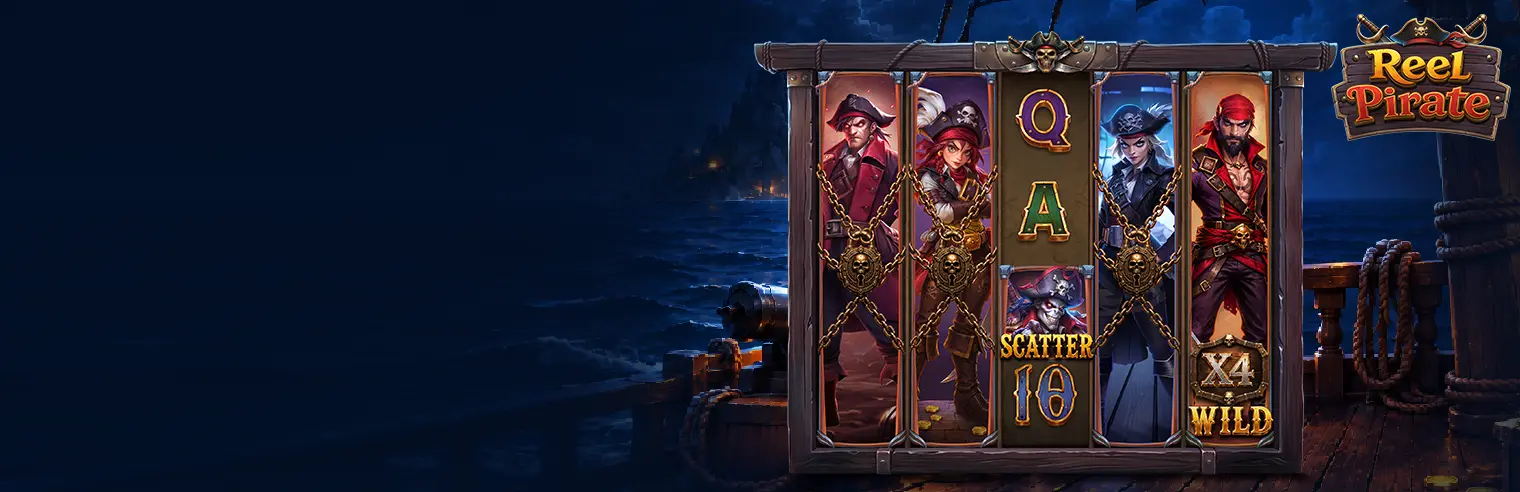 Reel Pirates slot game banner featuring a fierce female pirate captain with a skull and crossbones hat