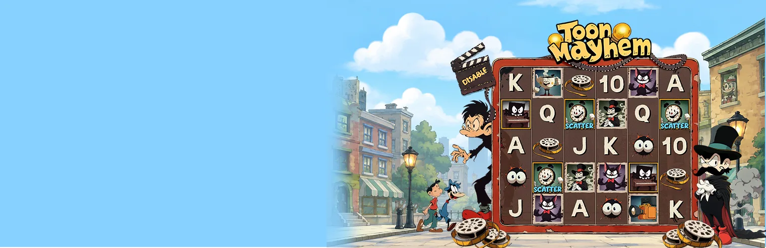 Wide Toon Mayhem slot game banner featuring a colorful cartoon city scene, animated characters, a slot machine displaying film-themed symbols, and the Toon Mayhem logo.