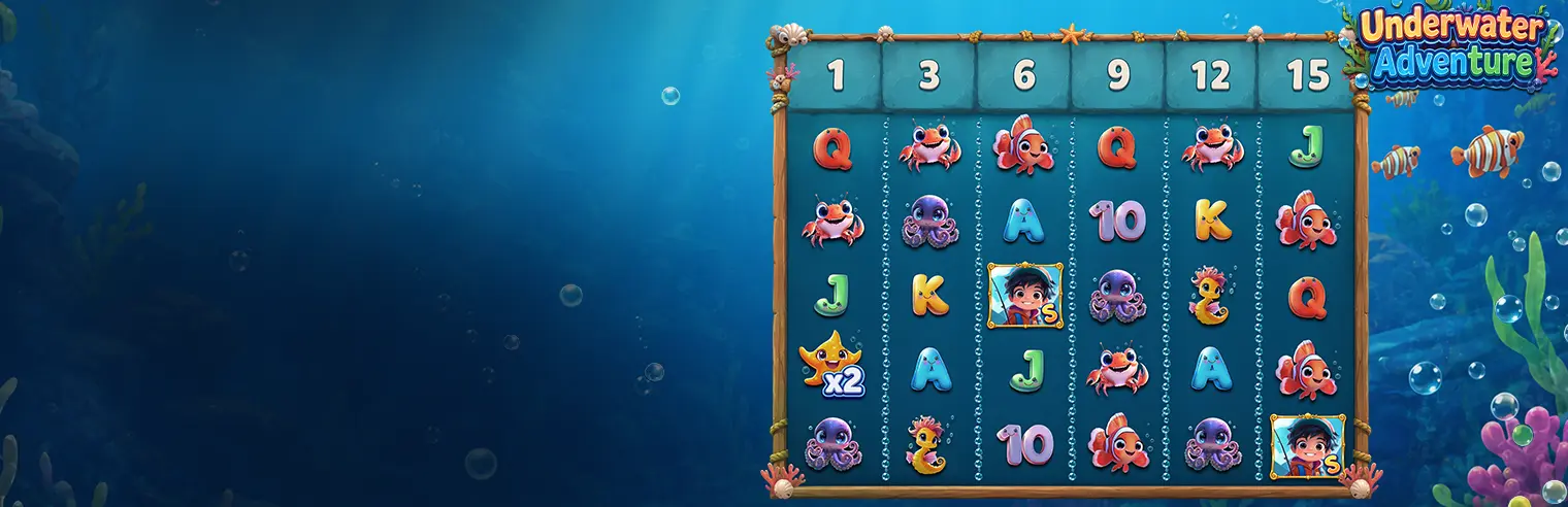 Underwater Adventure slot game banner featuring a young diver surrounded by colorful fish, a crab, octopus and seahorse