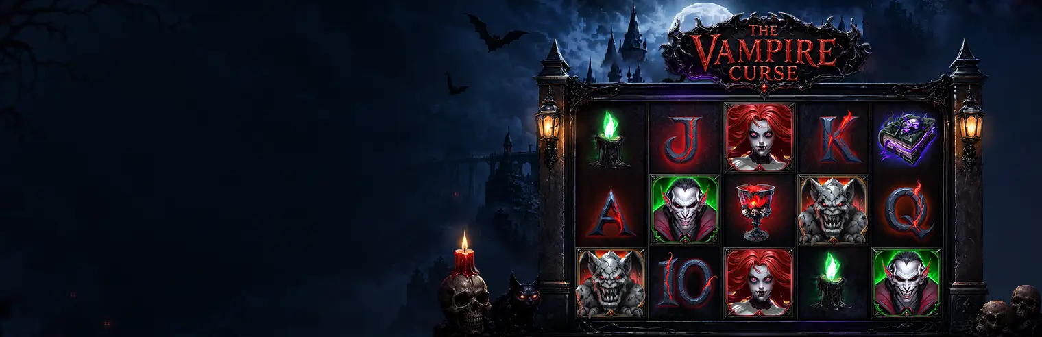 The Vampire Curse slot game banner featuring a dark gothic vampire-themed logo with a red and purple fantasy backdrop