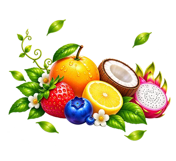 Fresh berries and tropical fruits arranged with lush green leaves.