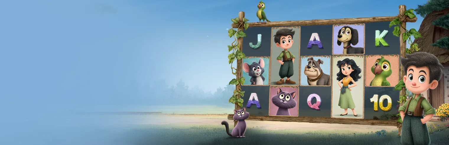 Country Critters slot game banner featuring a young boy, woodland animals, and a colorful slot board