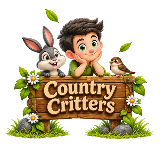 Country Critters slot game artwork featuring a boy, rabbit, bird, and wooden Country Critters sign
