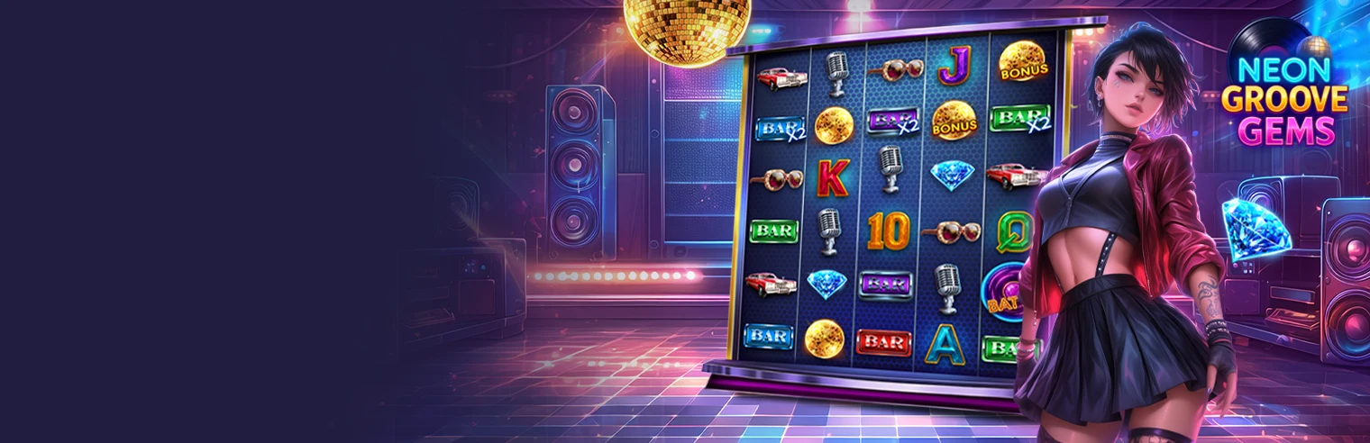Promotional banner for Neon Groove Gems featuring colorful slot reels with diamonds, BAR symbols, microphones, classic cars, and disco elements, alongside a stylish female character in a neon-lit retro nightclub setting.