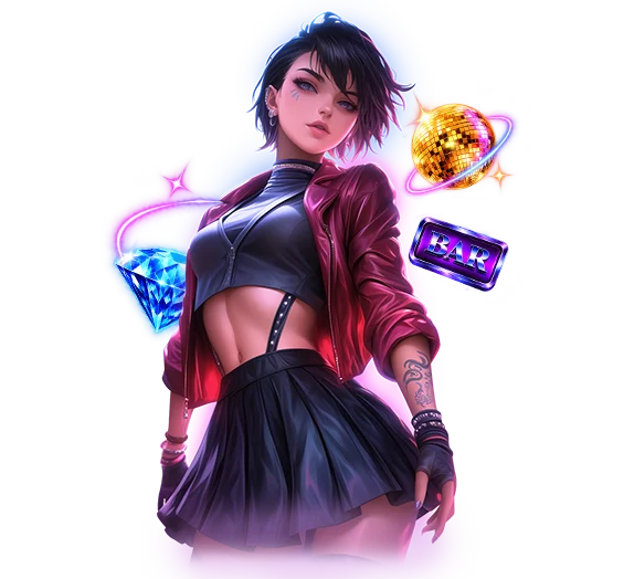 Decorative game graphic for Neon Groove Gems featuring the game's female character surrounded by a glowing blue diamond, disco ball, and BAR symbol against a vibrant neon background.