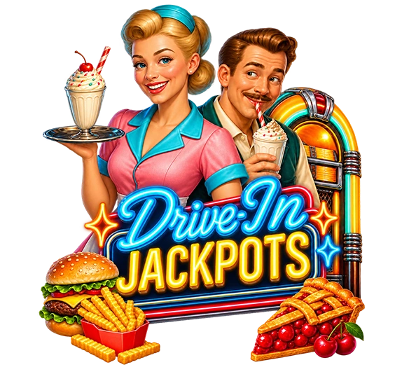 Drive-In Jackpot slot game artwork featuring glowing neon lettering in blue and orange on a dark background