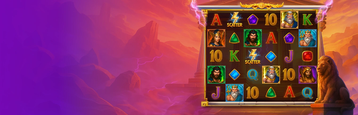 Fantasy-themed slot game banner featuring Zeus-inspired characters, lightning, colorful reels, and a dramatic Olympus-style background.