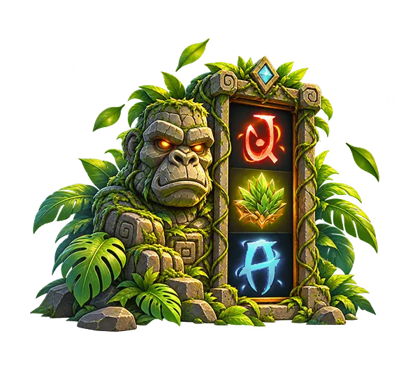 Mystic Jungle rules graphic featuring a carved stone gorilla statue surrounded by tropical foliage, with a vertical game panel displaying colorful jungle-themed symbols.
