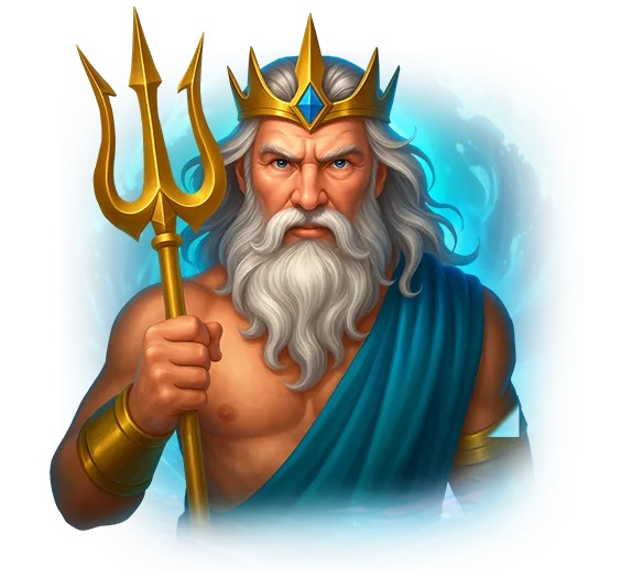 Detailed illustration of a Zeus-inspired character holding a golden trident, surrounded by blue water and a mystical fantasy backdrop.