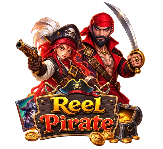 Reel Pirates slot game artwork featuring a fierce female pirate captain with a skull and crossbones hat