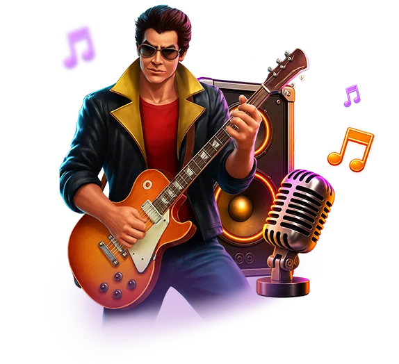 Rock 'N' Spin slot game on Stake featuring neon music notes, a star, vintage microphone, and colorful stage lights
