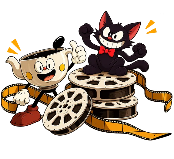 Promotional artwork for the Toon Mayhem slot game showing a cheerful cartoon cup character alongside a mischievous black cat, surrounded by vintage film reels and a cinematic film strip.