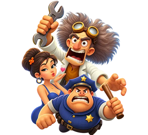 Town Trouble game characters: woman, bearded mechanic with wrench and goggles, and uniformed police officer.