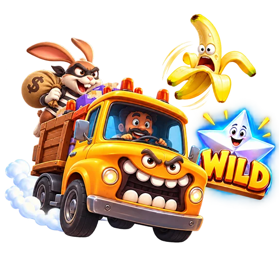 Toon Trouble 2 cartoon artwork featuring a mischievous rabbit, animated truck, banana, and Wild symbol